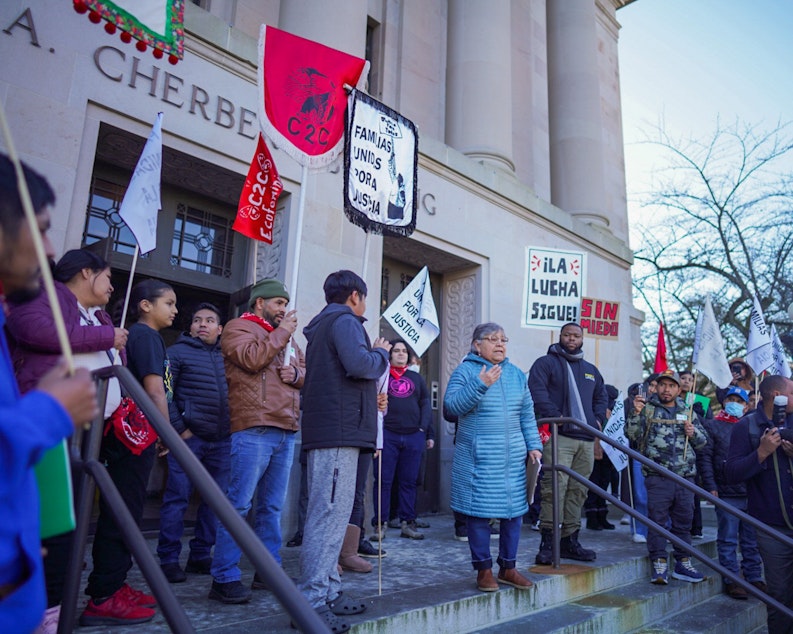 caption: Rosalinda Guillen speaks to a crowd of farmworkers on Jan. 22, 2025. Guillen and others marched to the steps of the John A. Cherberg Building in Olympia.