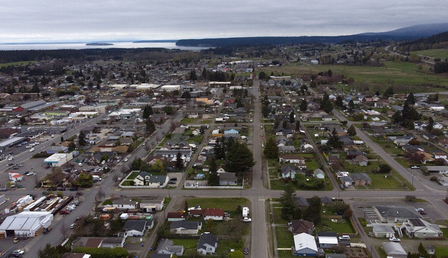 caption: An aerial view of Sequim is shown on Tuesday, April 25, 2023.
