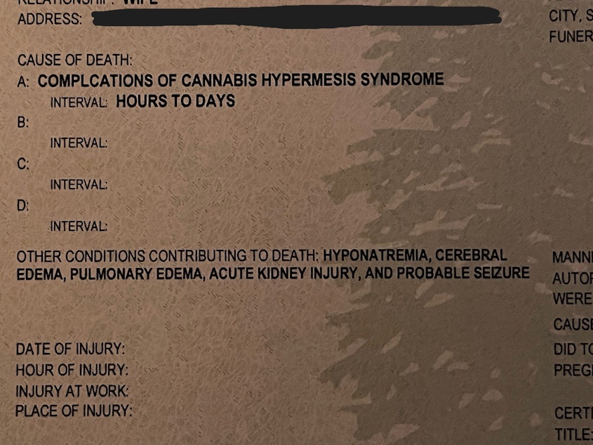 caption: A detail shot of Brandon Danielson's 2019 death certificate lists his cause of death complications from CHS.