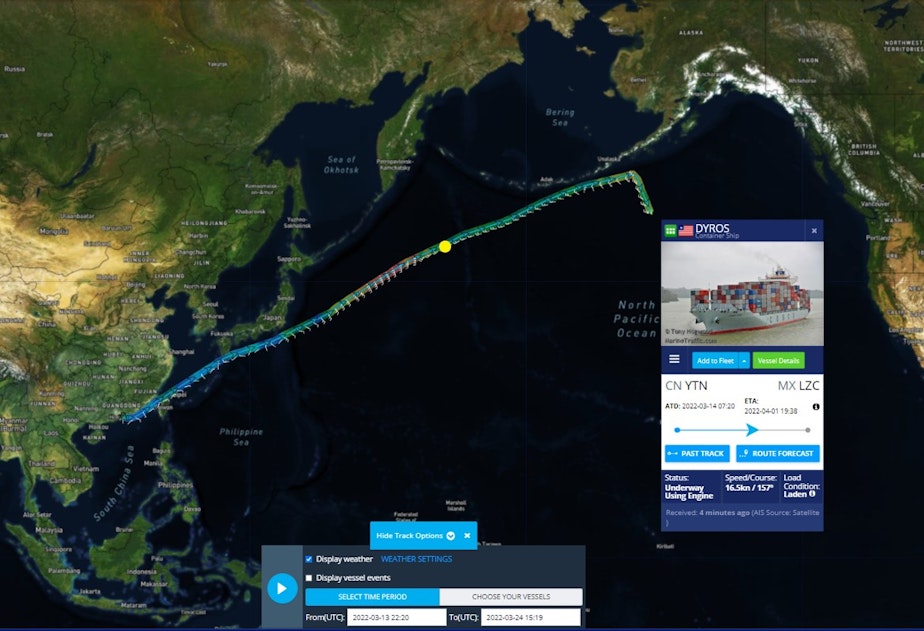 caption: The yellow dot approximates the spot where the Dyros spilled 90 shipping containers destined for the Port of Seattle.