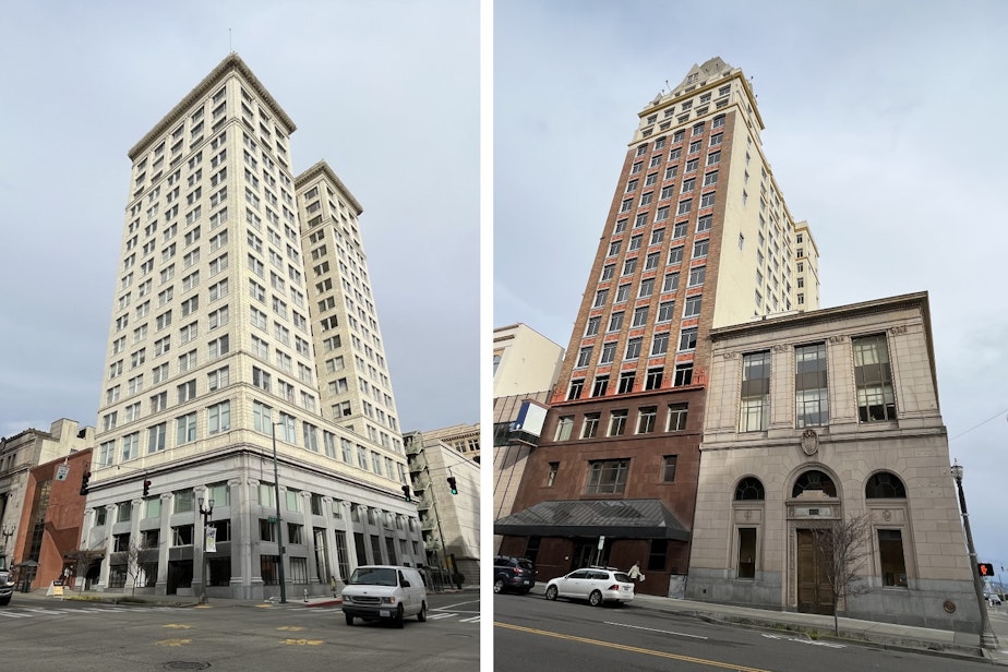 caption: Laird says these buildings in downtown Tacoma are also being converted to residential. The Astor (on the Left) owned by Unico already has residents in it.
