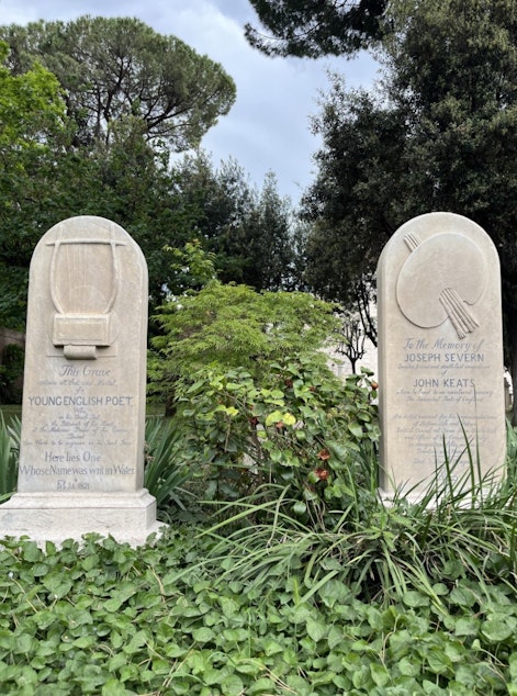 caption: The gravesite of the 19th century English poet John Keats, located at the Cimitero Acattolico in Rome, Italy.