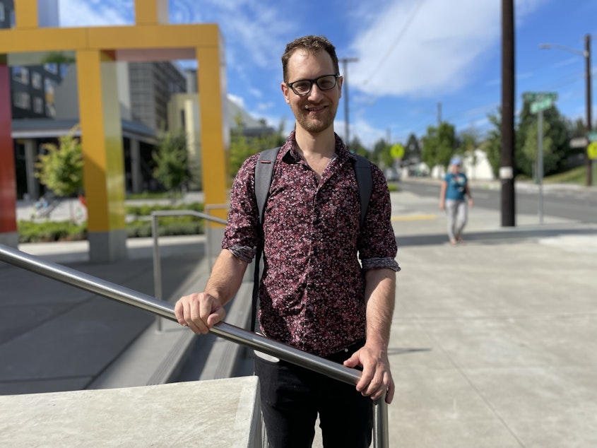 caption: Brice Stuhr, outside Roosevelt's light rail station