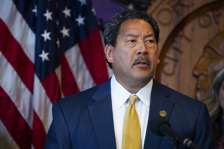 caption: Seattle mayor Bruce Harrell at a press conference on Tuesday, September 20, 2022, at Seattle City Hall.