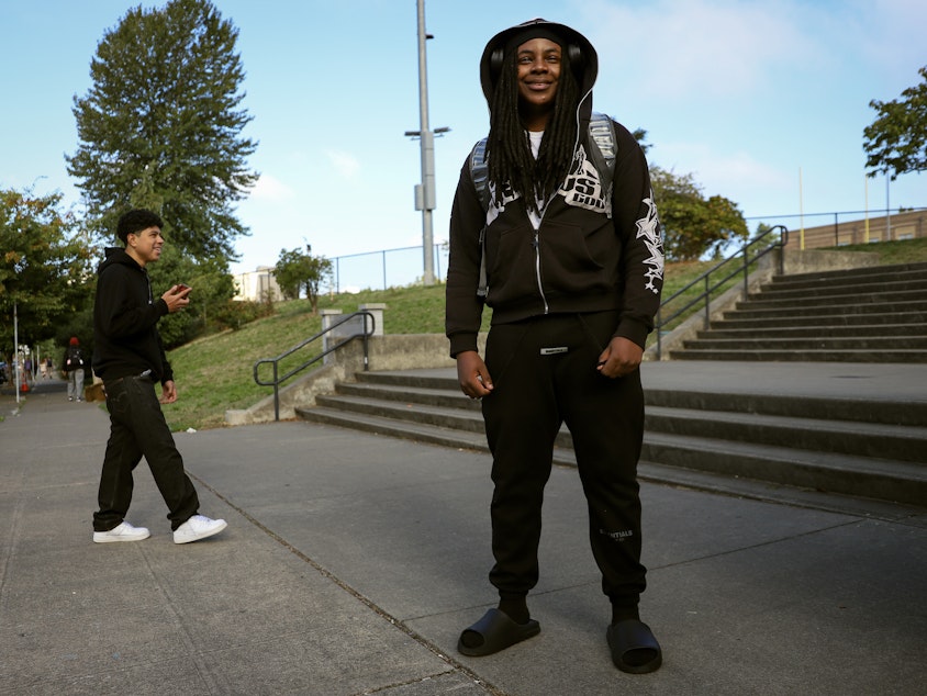 caption: Keith Williams, an 11th-grader at Roosevelt High School, arrived to the first day of school, September 4, 2024, in all black. He said that he didn't think much about his outfit: "I just put it on," Keith said. He said he tends to dress in black and gray.