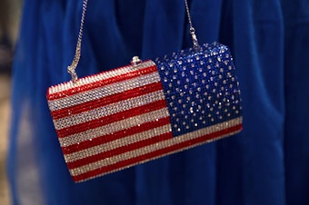 caption: Elyse Johnson wears a sparkling American flag purse on Tuesday, November 5, 2024, ahead of the Washington Democrats election night party at the Seattle Convention Center in Seattle. 