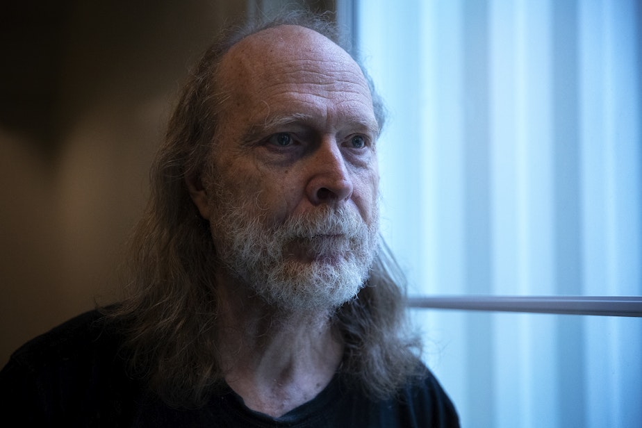caption: Kenny Taylor is portrayed at the housing first Union Hotel building, where he has lived for 30 years, on Wednesday, October 16, 2024, in Seattle.