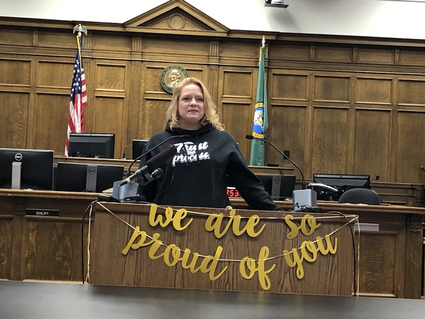 caption: Roxanne Kostelac at her graduation from King County Drug Diversion Court on March 8, 2023.