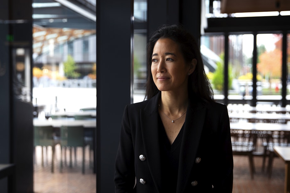 caption: Melanie Nakagawa, chief sustainability officer at Microsoft, stands for a portrait on Wednesday, Oct. 4, 2023, on Microsoft’s campus in Redmond.