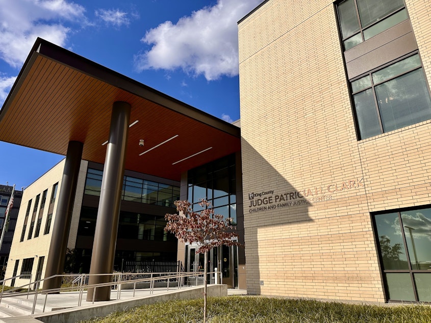 caption: Juvenile criminal cases in King County are processed at the Judge Patricia H. Clark Children and Family Justice Center in Seattle, pictured on Oct. 22, 2024.
