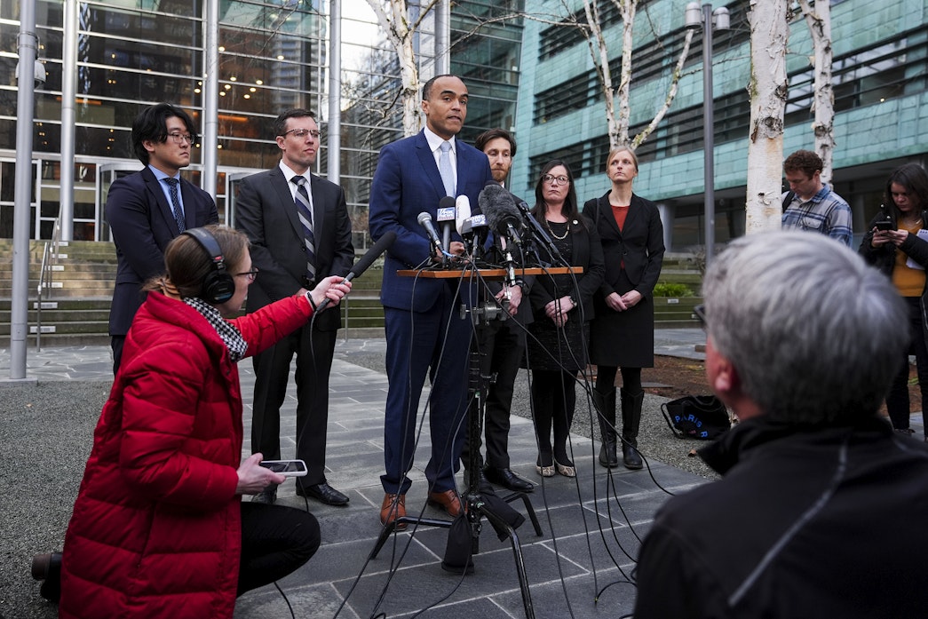 caption: Washington Attorney General Nick Brown speaks during a press availability after a federal judge temporarily blocked President Donald Trump's executive order aimed at ending birthright citizenship in a case brought by the states of Washington, Arizona, Illinois and Oregon, Thursday, Jan. 23, 2025, in Seattle.