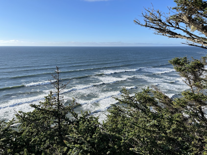 caption: Pacific Ocean waves roll in to Cape Disappointment State Park on the Washington coast on Sept. 15, 2024.