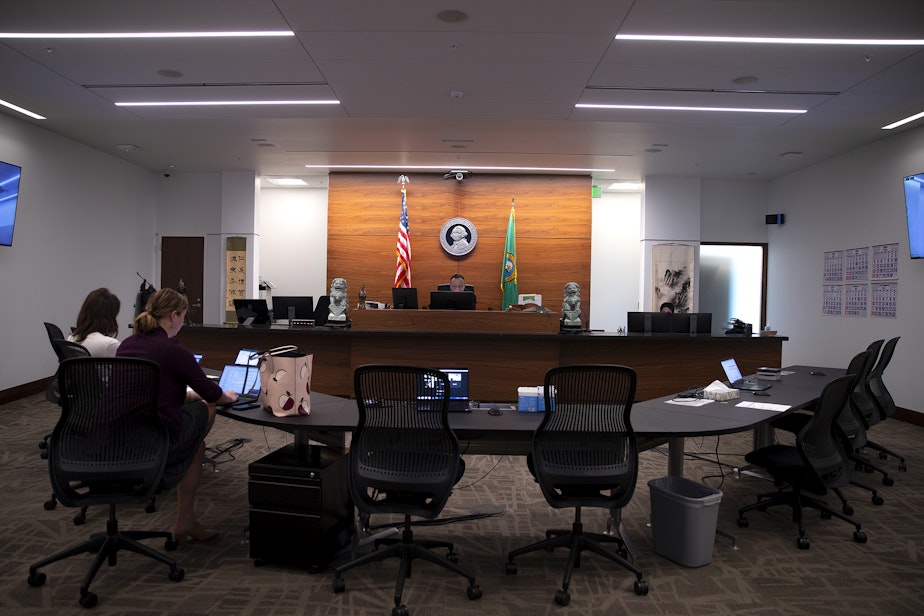 caption: A King County Juvenile courtroom is shown on Wednesday, April 26, 2023, at the Patricia H. Clark Children and Family Justice Center on E. Alder Street in Seattle.