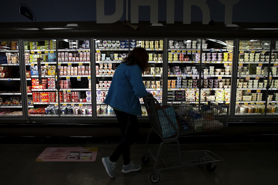 caption: Diane Martin Rudnick grocery shops on Thursday, Feb. 23, 2023, at Fred Meyer along Aurora Avenue North in Shoreline.