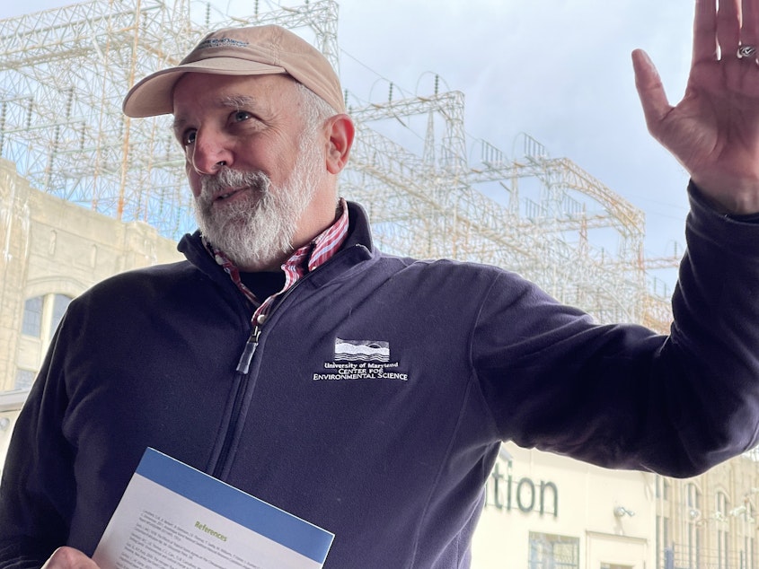 caption: University of Maryland environmental scientist Bill Dennison speaks in front of the Conowingo Dam and power plant on the Susquehanna River on April 4, 2024.