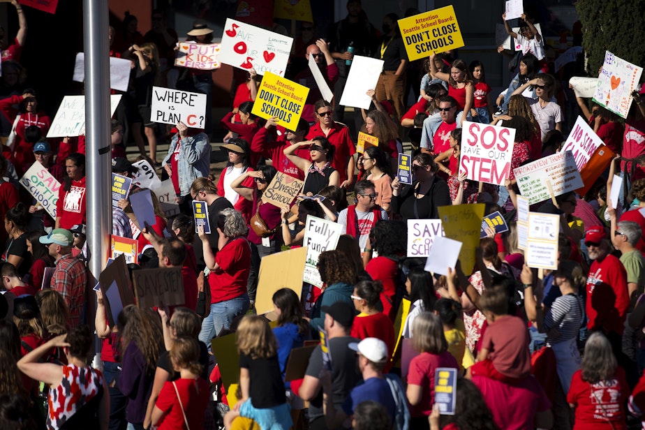 caption: Hundreds of Seattle Public Schools students and parents gathered for a rally demanding that schools remain open, ahead of the Seattle Public Schools board meeting on Wednesday, September 18, 2024, at the John Stanford Center for Educational Excellence building in Seattle.