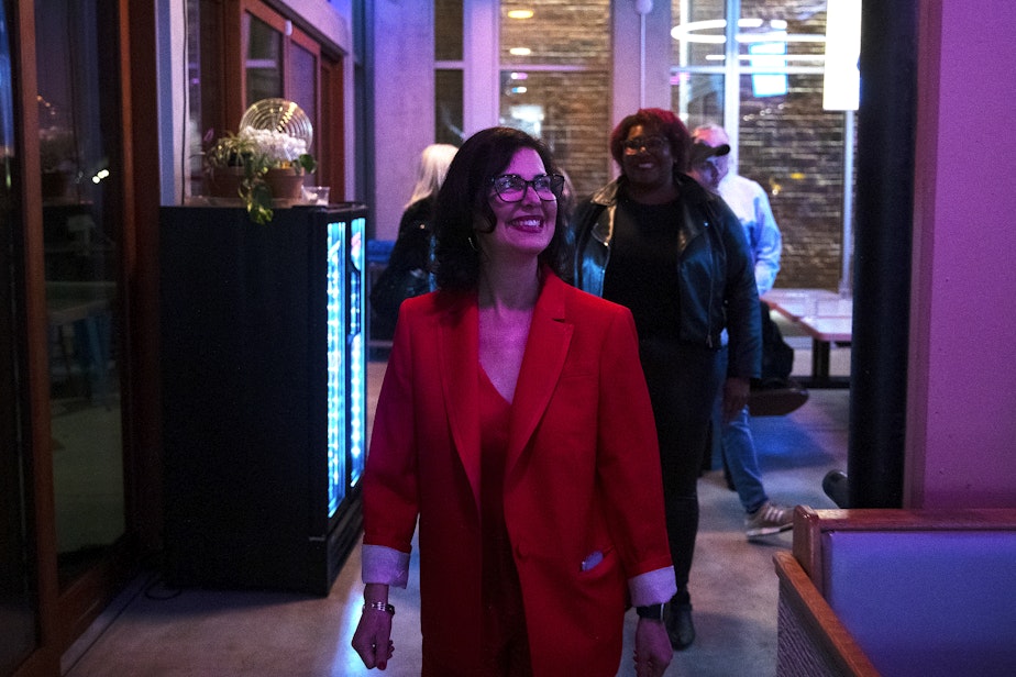 caption: Tammy Morales, Seattle City Council incumbent in District 2, makes an appearance at her colleague Andrew Lewis's election night gathering on Tuesday, Nov. 7, 2023, in Seattle.