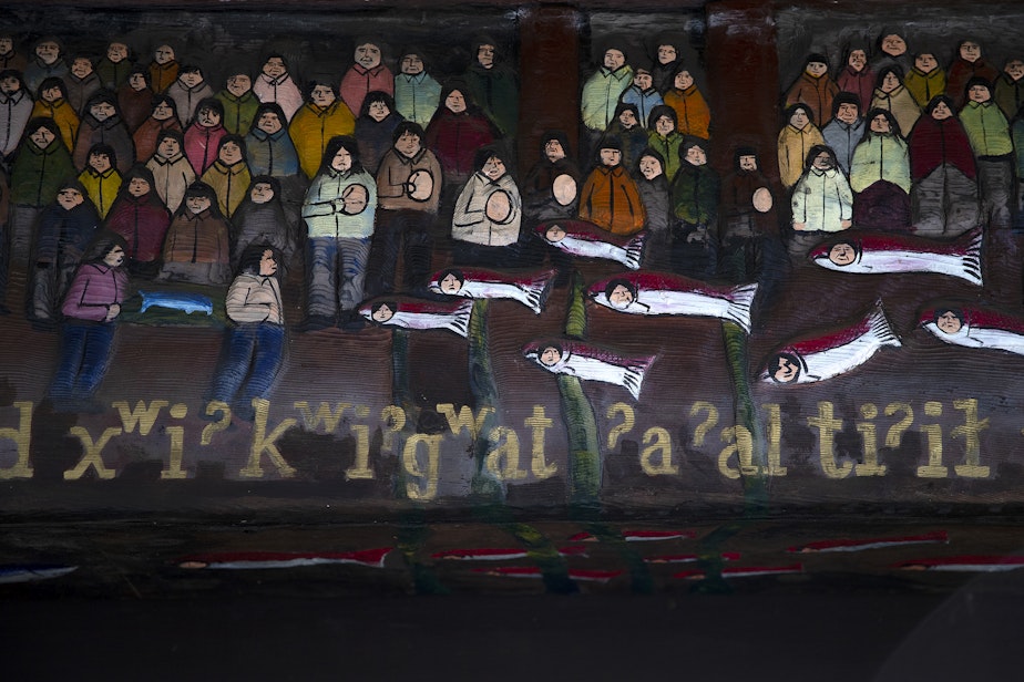 caption: A mural along the side of the Museum of Artistamps, painted by Vi Hilbert's son Ron, is shown on Tuesday, March 26, 2024, in Seattle.