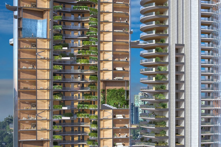 caption: UN-tower detail. In this view, imagine a knife has just sliced the tower on the left in half down its length, allowing you to se the inside, like a dollhouse.