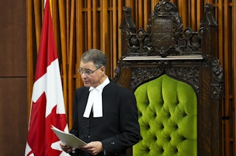 caption: The Speaker of the House of Commons Anthony Rota delivers a speech following an address by Ukrainian President Volodymyr Zelenskyy in the House of Commons on Parliament Hill in Ottawa on Friday, Sept. 22, 2023.