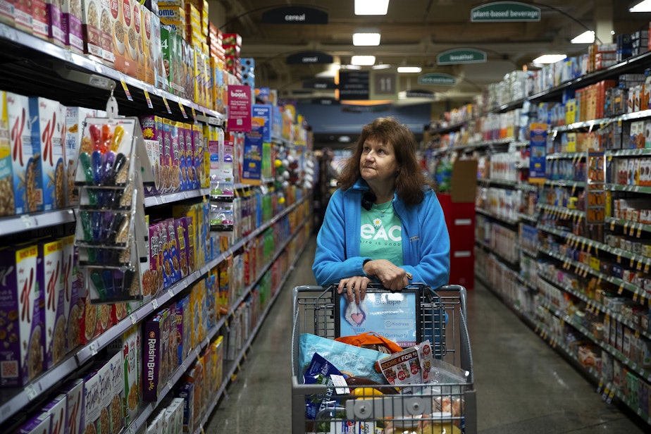 caption: Diane Martin Rudnick is portrayed while grocery shopping on Thursday, Feb. 23, 2023, at Fred Meyer along Aurora Avenue North in Shoreline.