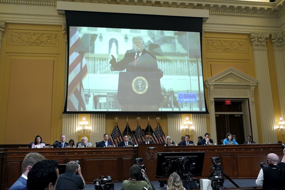 caption: A video of former President Donald Trump speaking during a rally, as the House select committee investigating the Jan. 6, 2021, attack on the Capitol holds a hearing at the Capitol in Washington, Thursday, June 16, 2022.