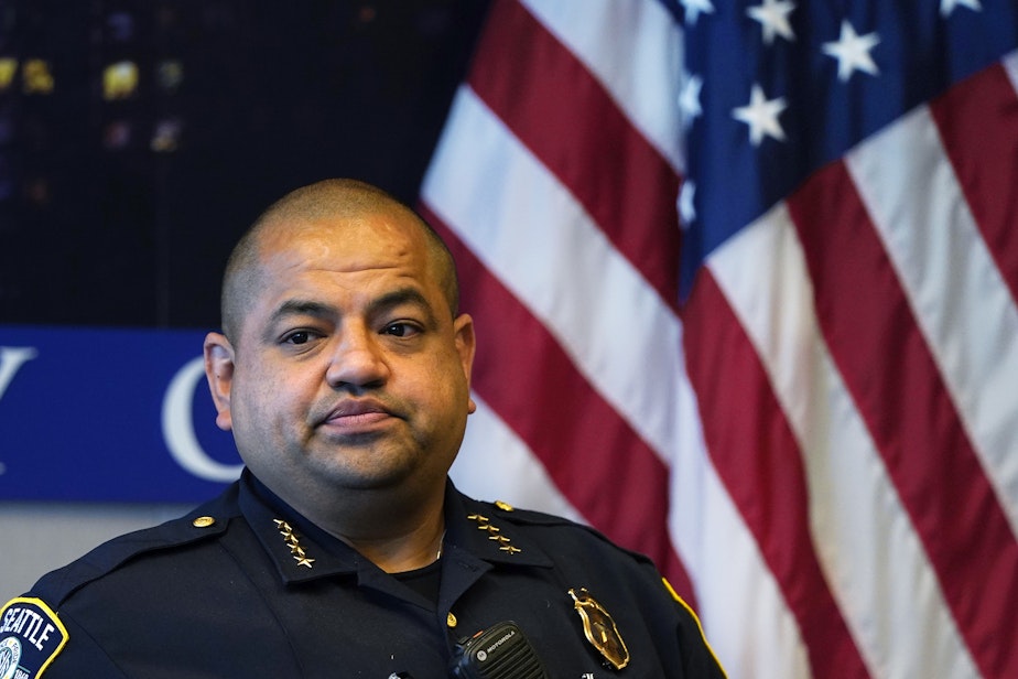 caption: FILE: Interim Seattle Police Chief Adrian Diaz listens to a question during a news conference about changes being made at the department Wednesday, Sept. 2, 2020, in Seattle.