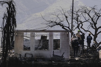 caption: Search and rescue team members work in a residential area devastated by a wildfire in Lahaina, Hawaii, on Aug. 18, 2023.