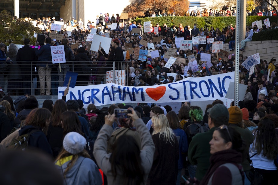 caption: Thousands of students rallied on the steps of Seattle City Hall on Monday, Nov. 14, 2022, after walking out of class in protest of gun violence in schools. Less than one week ago, a deadly shooting occurred at Seattle's Ingraham High School.