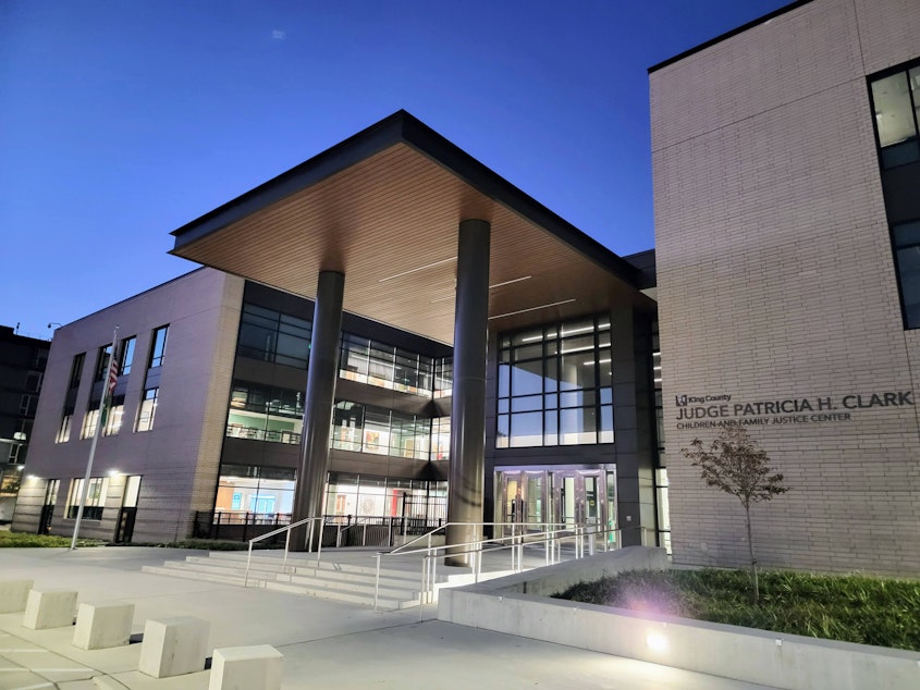 caption: The King County Judge Patricia H. Clark Children and Family Justice Center is shown in Seattle.
