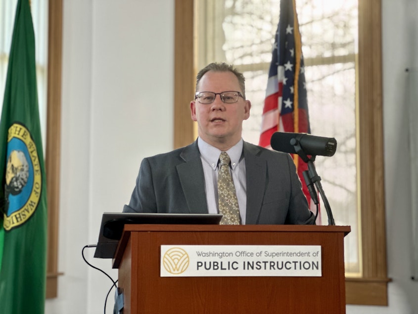 caption: Washington state Superintendent Chris Reykdal delivered his annual state of public education address on Jan. 10, 2024, in Olympia.