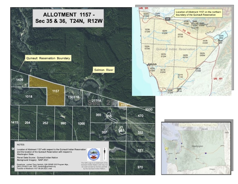 caption: This map shows the Western Washington land, currently held in federal trust, that a new congressional bill could hand back to the Quinault Indian Nation after nearly 100 years.