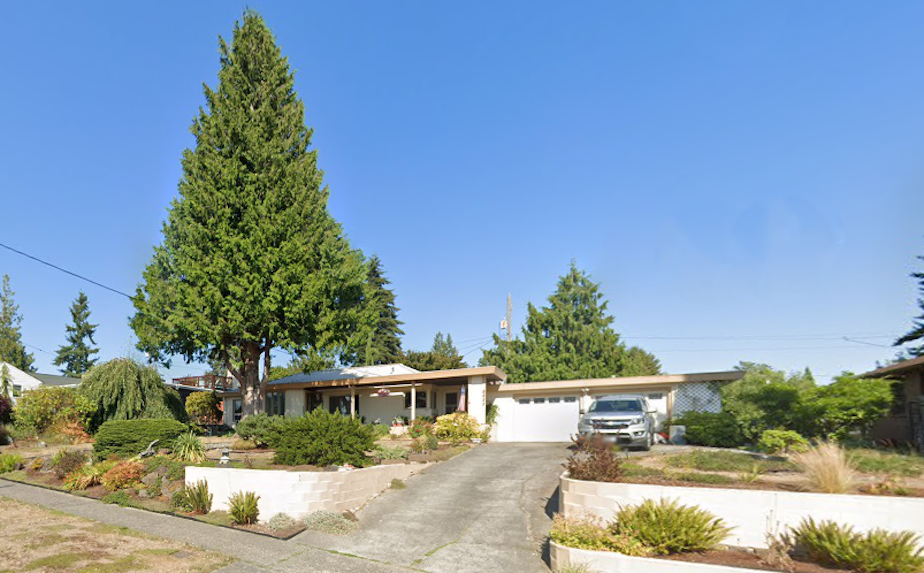 caption: A 60-foot tall cedar tree in West Seattle, called "Henry" by local tree advocates (pictured to the left), was cut down on Tuesday, April 9, 2024. Advocates say the tree's removal illuminates holes in Seattle's new tree protection ordinance.