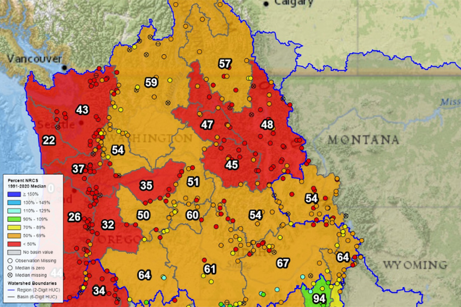 caption: Snowpack levels across the Pacific Northwest as of Jan. 2, 2024.