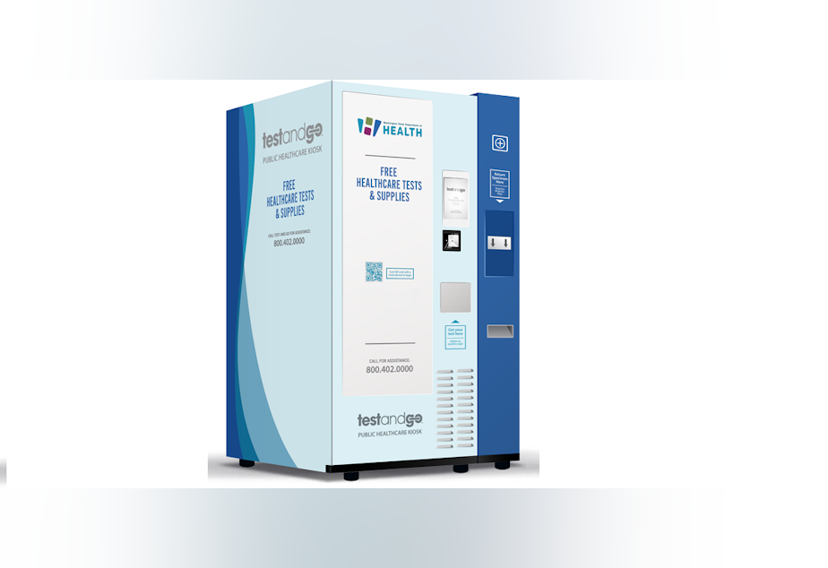 caption: A prototype for a kiosk that dispenses Covid and flu tests, which will be available in Washington state. Two appear to already be available in Spanaway.