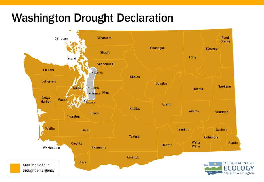 caption: The Washington State Department of Ecology declared a drought emergency for the entire state on April 16, 2024, excluding the Seattle, Tacoma, and Everett areas.