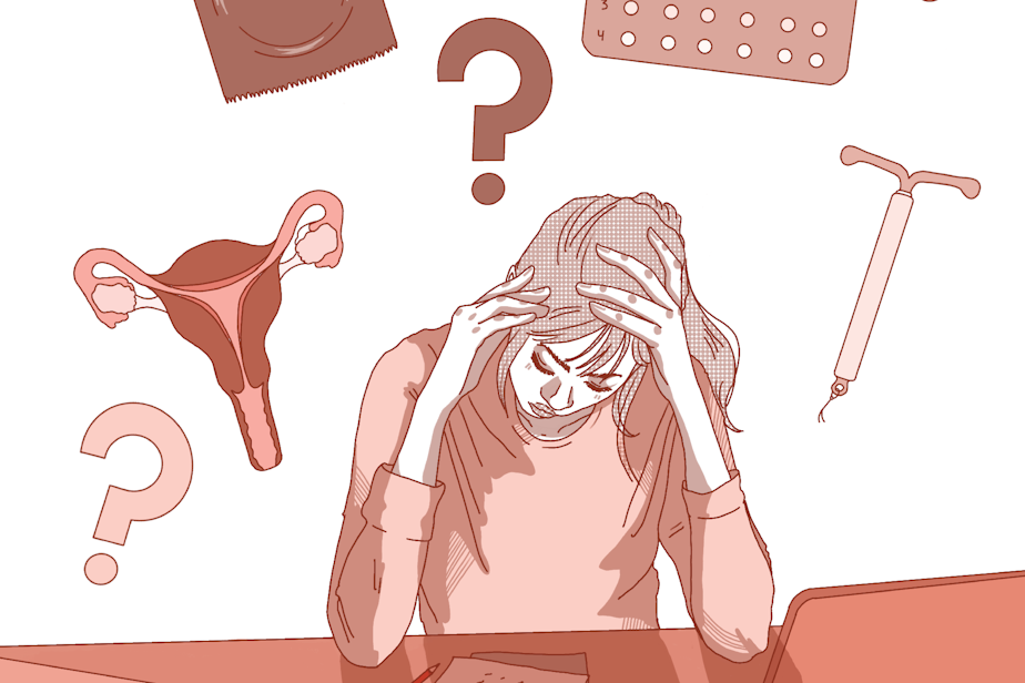 caption: An illustration of a teenage girl surrounded by illustrations of a uterus, a condom, a packet of birth control pills, and an IUD.